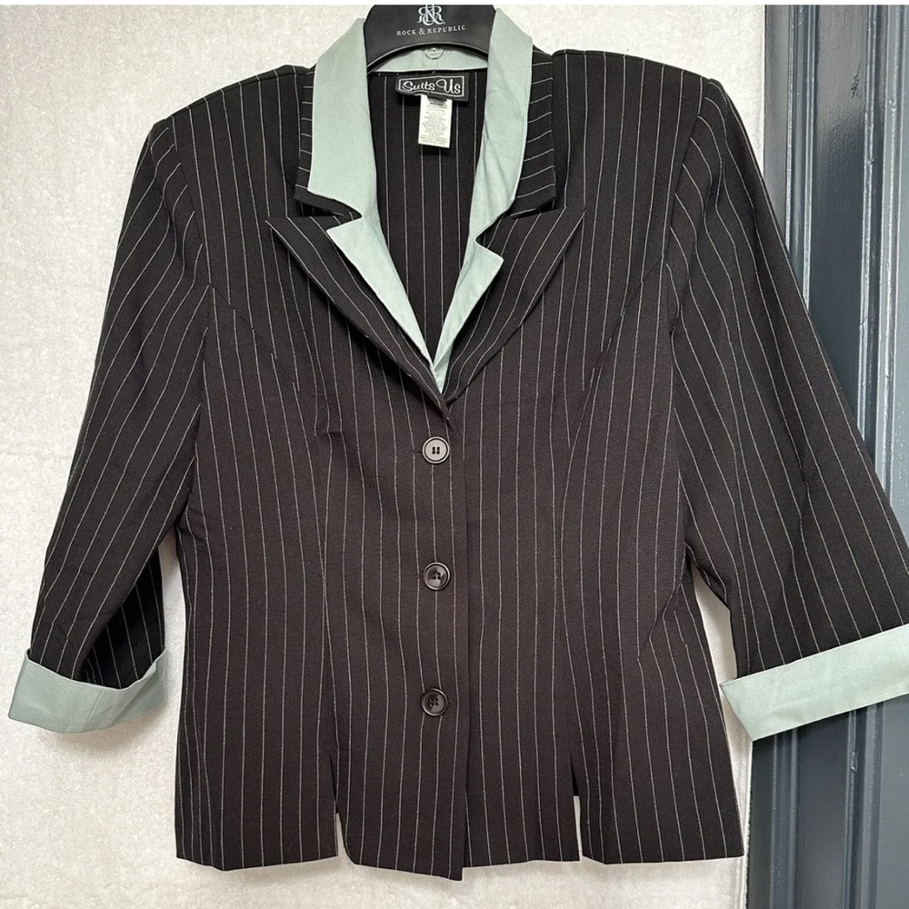 Suits Us Black Pinstripe Removable Green Notch Collar Blazer Jacket Size 15/16